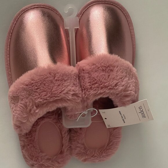 Auden Rae Pink Metallic Scuff Slippers Medium 7/8 Indoor/Outdoor Faux Fur Lined - Picture 3 of 5